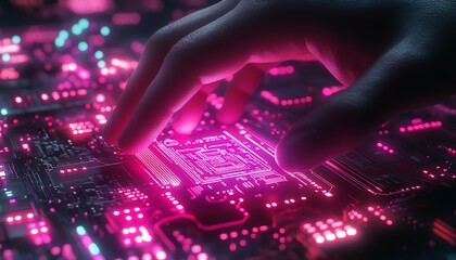 Poster - Businessman s hand interacting with AI circuit board, glowing PCB symbol in cyberpunk neon lighting, futuristic technology and cyberspace aesthetic