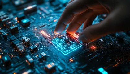 Poster - Businessman s hand interacting with AI circuit board, glowing PCB symbol in cyberpunk neon lighting, futuristic technology and cyberspace aesthetic