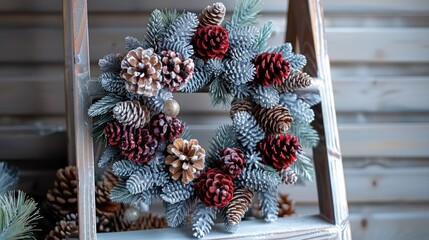Aufkleber - A wooden ladder with a holiday wreath, minimalist Christmas decor.