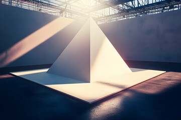 Poster - White pyramid sculpture in a sunlit modern gallery.