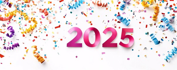 Poster - 2025 pink numbers celebrating new year with colorful confetti and streamers