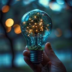 Poster - A led bulb into a palm with a tree growing inside the bulb, conserving energy made with electrical network lines in blue color, futuristic color theme, landscape circuit board visuals.