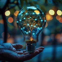 Poster - A led bulb into a palm with a tree growing inside the bulb, conserving energy made with electrical network lines in blue color, futuristic color theme, landscape circuit board visuals.