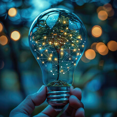 Poster - A led bulb into a palm with a tree growing inside the bulb, conserving energy made with electrical network lines in blue color, futuristic color theme, landscape circuit board visuals.