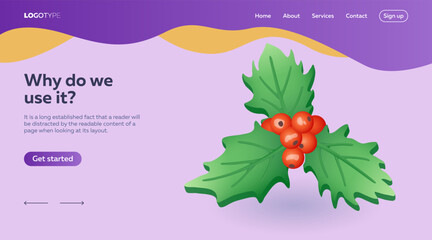 Wall Mural - Landing page design with mistletoe or holly. Plant with green leaves and red berries for Christmas decoration 3D vector illustration. Christmas, winter holidays, decoration concept