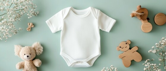 Wall Mural - Mockup of a white cotton short sleeve bodysuit for babies, paired with natural wooden toys on a light green background, fresh and calming look