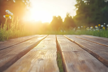 Wall Mural - Wooden planks in a sunlit meadow.