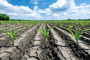 Wall Mural - Young corn plants growing in dry soil under a bright sunny sky.