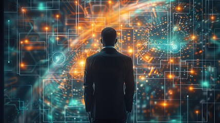 Aufkleber - A man in a business suite from the backside staring into a wall on a screen that is a composite of connected circles and squares in blue, green and orange colors with a technical.