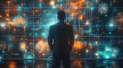Aufkleber - A man in a business suite from the backside staring into a wall on a screen that is a composite of connected circles and squares in blue, green and orange colors with a technical.