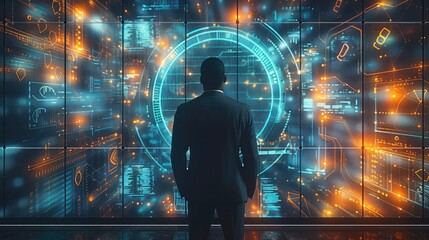 Aufkleber - A man in a business suite from the backside staring into a wall on a screen that is a composite of connected circles and squares in blue, green and orange colors with a technical.