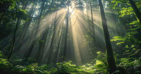 Poster - A vibrant forest, dense, vibrant, and lush. Light is pouring in from above.
