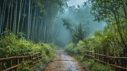 Poster - Bamboo forest, path, cloudy day.