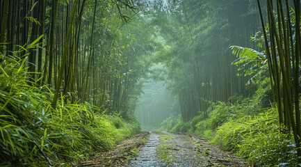 Poster - Bamboo forest, path, cloudy day.