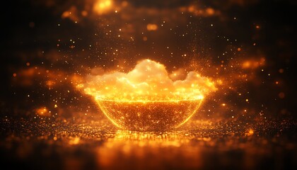 Poster - Digital web technology concept, cloud icon as a futuristic hologram with dynamic bluegolden light numbers, cyber innovation design