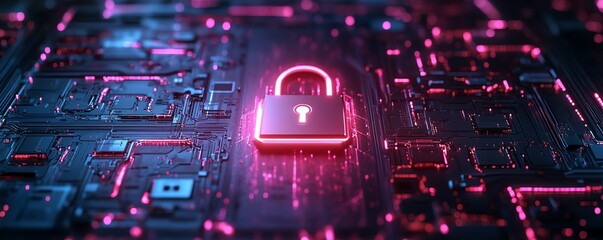 Poster - Hightech digital interface illustrating secure network, encryption algorithms, and advanced security protocols, neon lights and data flows