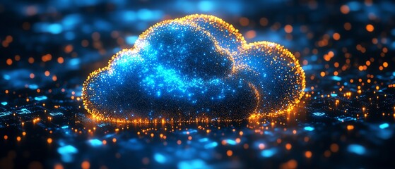 Poster - Holographic digital cloud, glowing blue and gold light digits in motion, futuristic web technology art, sleek and vibrant design