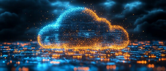 Poster - Holographic digital cloud, glowing blue and gold light digits in motion, futuristic web technology art, sleek and vibrant design