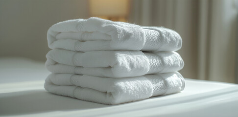 Wall Mural - A stack of neatly folded white towels arranged on top of each other, showcasing their soft texture and clean fabric, placed on a minimalist white surface.