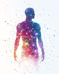 Poster - Humanshaped silhouette with a glowing network of multihued dots and lines, seamless white setting, futuristic theme