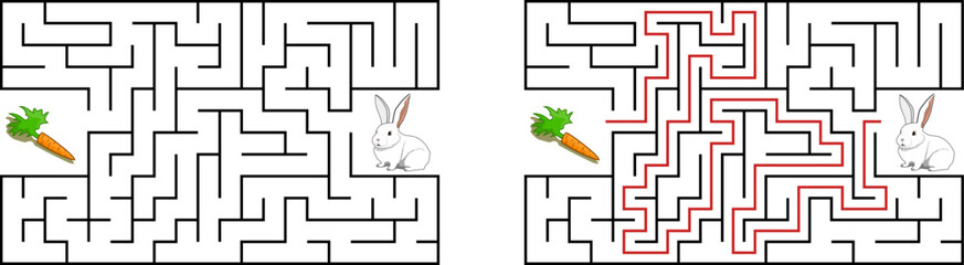Help a white rabbit pass through rectangular maze to find a carrot. Feed the hungry bunny labyrinth. Easy difficulty level riddle for kids and their parents. Solution included