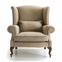 Poster - Classic wingback armchair with soft pillow representing comfort and relaxation, isolated on white