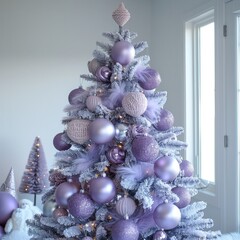 Aufkleber - Christmas tree in lavender with fur ornaments grouped together.