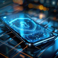 Poster - A blue tone holographic shield is protecting the smartphone. expressing security. The smartphone is on the desk and the screen is off. Future-oriented, high-tech atmosphere.