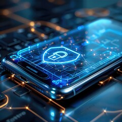 Poster - A blue tone holographic shield is protecting the smartphone. expressing security. The smartphone is on the desk and the screen is off. Future-oriented, high-tech atmosphere.