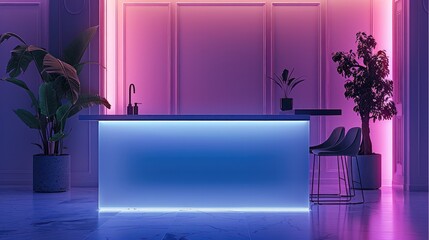 Poster - A minimalist light purple acrylic kitchen island with a potted plant on the table, illuminated by light purple light from below. There are two chairs next to it.