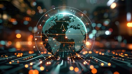 Leinwandbilder - A glowing, holographic globe surrounded by interconnected digital pathways, symbolizing global operations. In the background, innovation and the automotive industry. Dynamic, sleek.