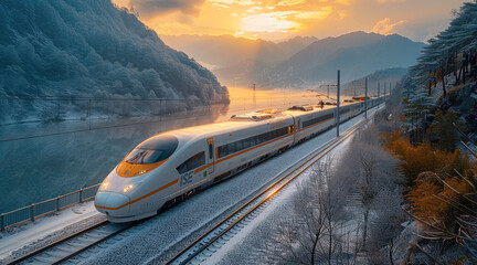 Aufkleber - High speed train is running on the railway, A railway circling the mountainside.