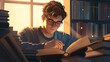 © Simon - Concentrated man reading book, serene library setting, warm light, cozy atmosphere, piles of books, thoughtful study