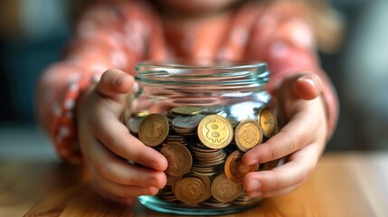Aufkleber - Kid hands holding coins in a jar together as saving concept for family or education.