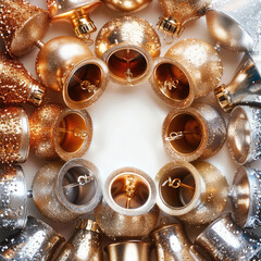 Poster - Christmas bells on a shimmering background, viewed from above, bright, gold and silver colors, white space in the center.