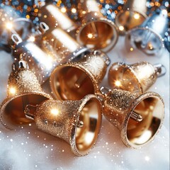 Aufkleber - Christmas bells on a shimmering background, viewed from above, bright, gold and silver colors, white space in the center.