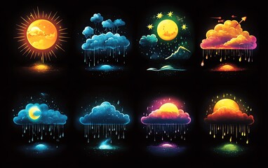 stylized weather icons featuring sunshine, rain, cloudy skies, and a night sky, with vibrant colors 