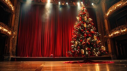 Aufkleber - a Christmas tree decorated with theatre masks standing on a stage, festive, bright.