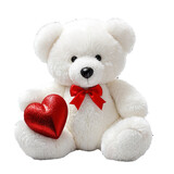 white teddy bear with red bow tie holding red heart on a transparent background