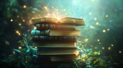 Poster - Open magic book shining on stack of old books in enchanted forest