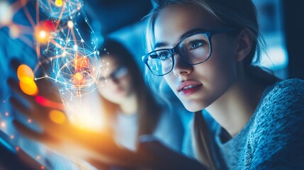 Aufkleber - Businesswomen working with futuristic holographic interface showing global network and data flow