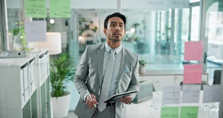 Poster - Tablet, planning and thinking with business man in office for problem solving or strategy on window. Brainstorming, mindmap and sticky notes with corporate employee at work for agenda or schedule