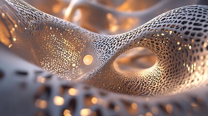 Poster - Abstract wavy metallic mesh structure with holes creating intricate patterns and soft lighting