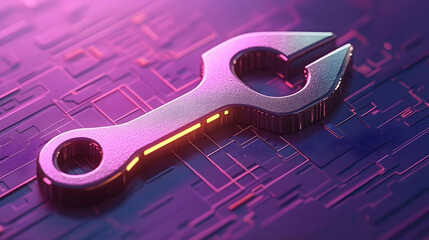 Poster - Metallic wrench on circuit board, digital repair concept.