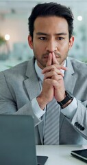Poster - Man, thinking and laptop in office for business, company decision and negotiation planning. Employee, tech or brainstorming in agency for career choice, proposal idea or opportunity option for growth
