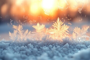 Poster - Frosty window patterns reflecting the warm glow of a winter sunrise