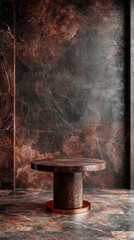 Poster - A round table with a gold base sits in front of a wall with a red, The color of the year is mocha mousse