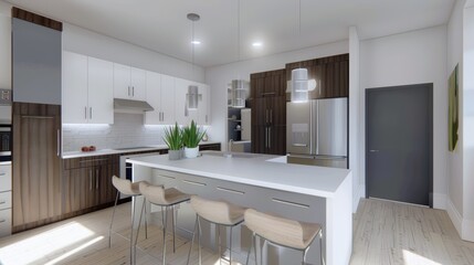 Wall Mural - Modern Kitchen Design with Sleek Cabinets and Bright Lighting