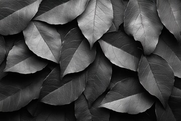 Poster - Detailed texture of overlapping dry leaves in black and white