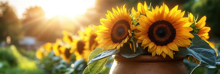 Wall Mural - Bright sunflowers in a clay jar bask in warm sunlight during a peaceful afternoon